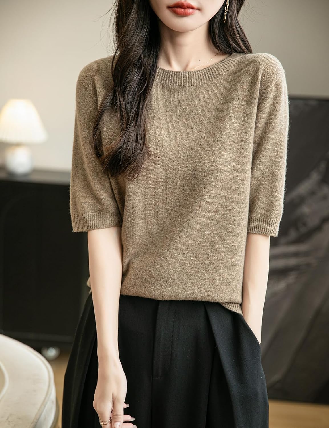 Women's 100% Merino Wool Spring Fall Winter First-Line Ready to Wear Seamless Knit Crewneck Short Sleeve Sweater