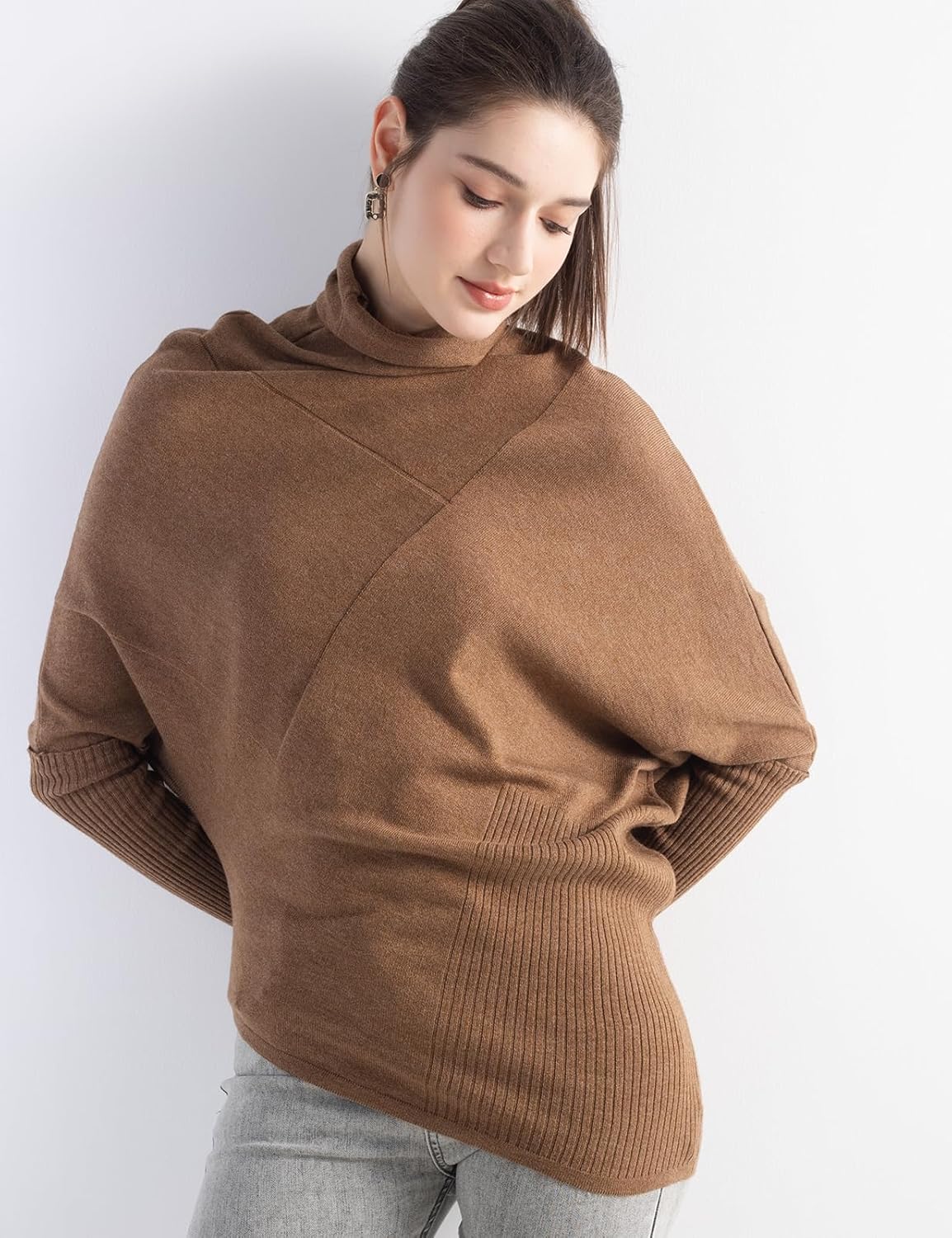 Women's Merino Wool Oversized Sweater 2025 Fall Winter Turtleneck Ribbed Batwing Sleeve Asymmetrical Knit Pullover