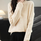Chanyarn Women's 100% Merino Wool Crew Neck Sweater 2025 Fall Winter Solid Cable Long Sleeve Warm Knitted Sweater