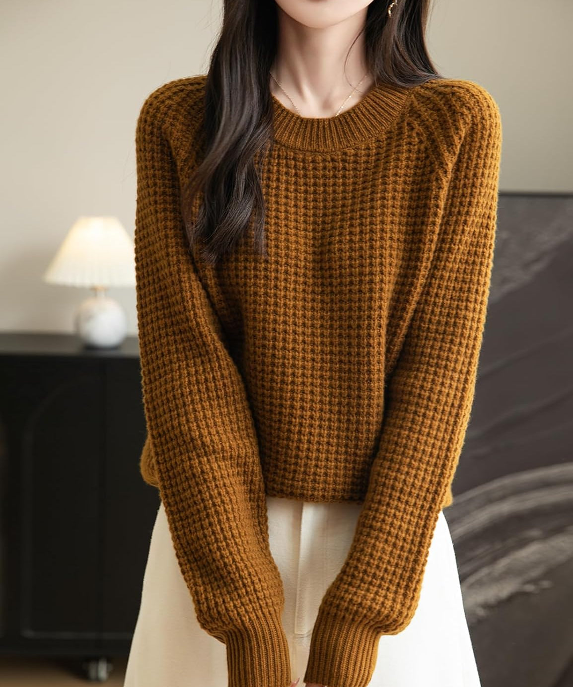 Chanyarn Merino Wool Waffle Knit Crewneck Sweater