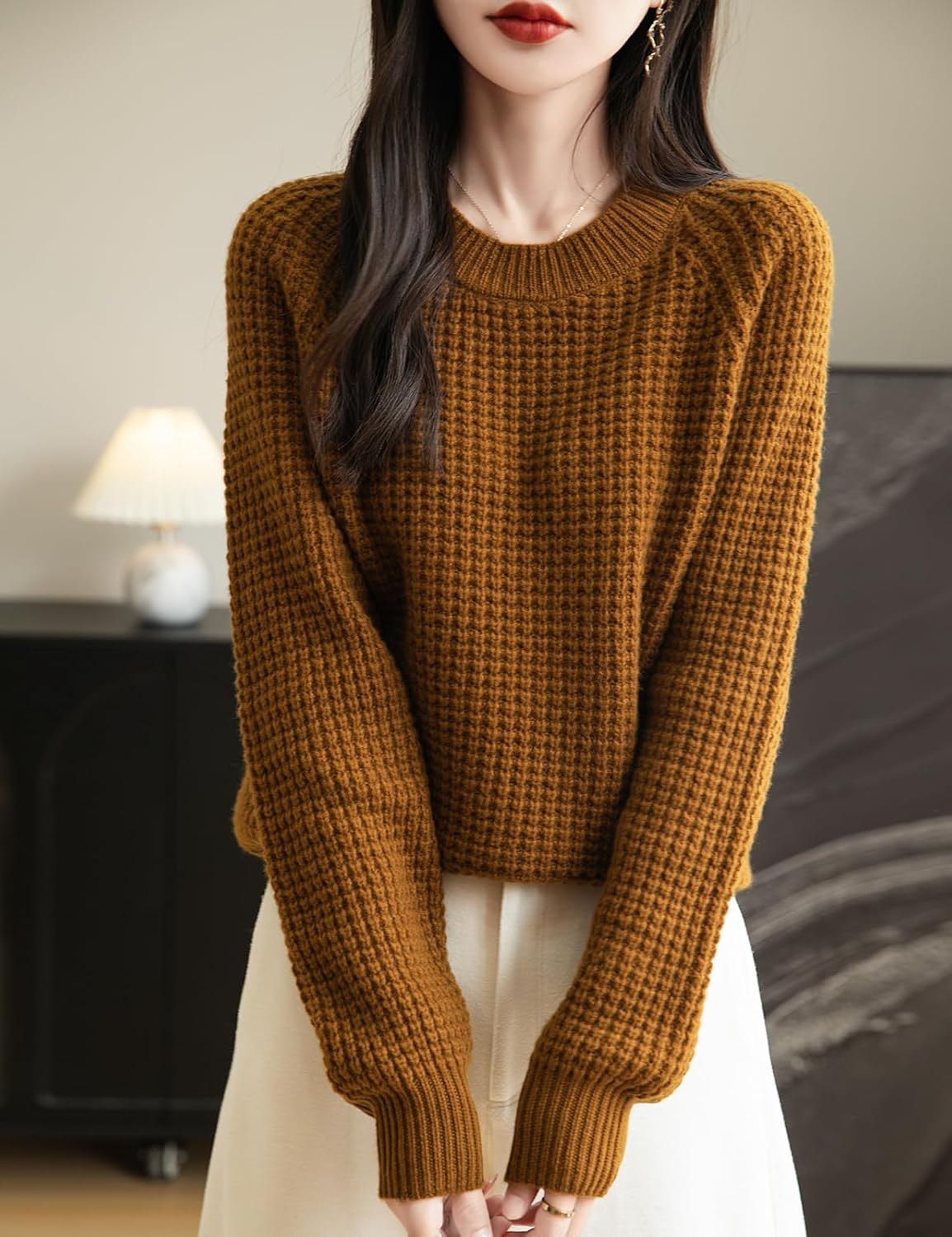 Chanyarn Women's Crewneck 100% Merino Wool Sweater 2025 Fall Winter Waffle Knit Sweater Casual Warm Long Sleeve Pullover