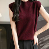 Women's 100% Merino Wool Spring Fall Winter First-Line Ready to Wear Mock Neck Seamless Knit Sleeveless Sweater Vest