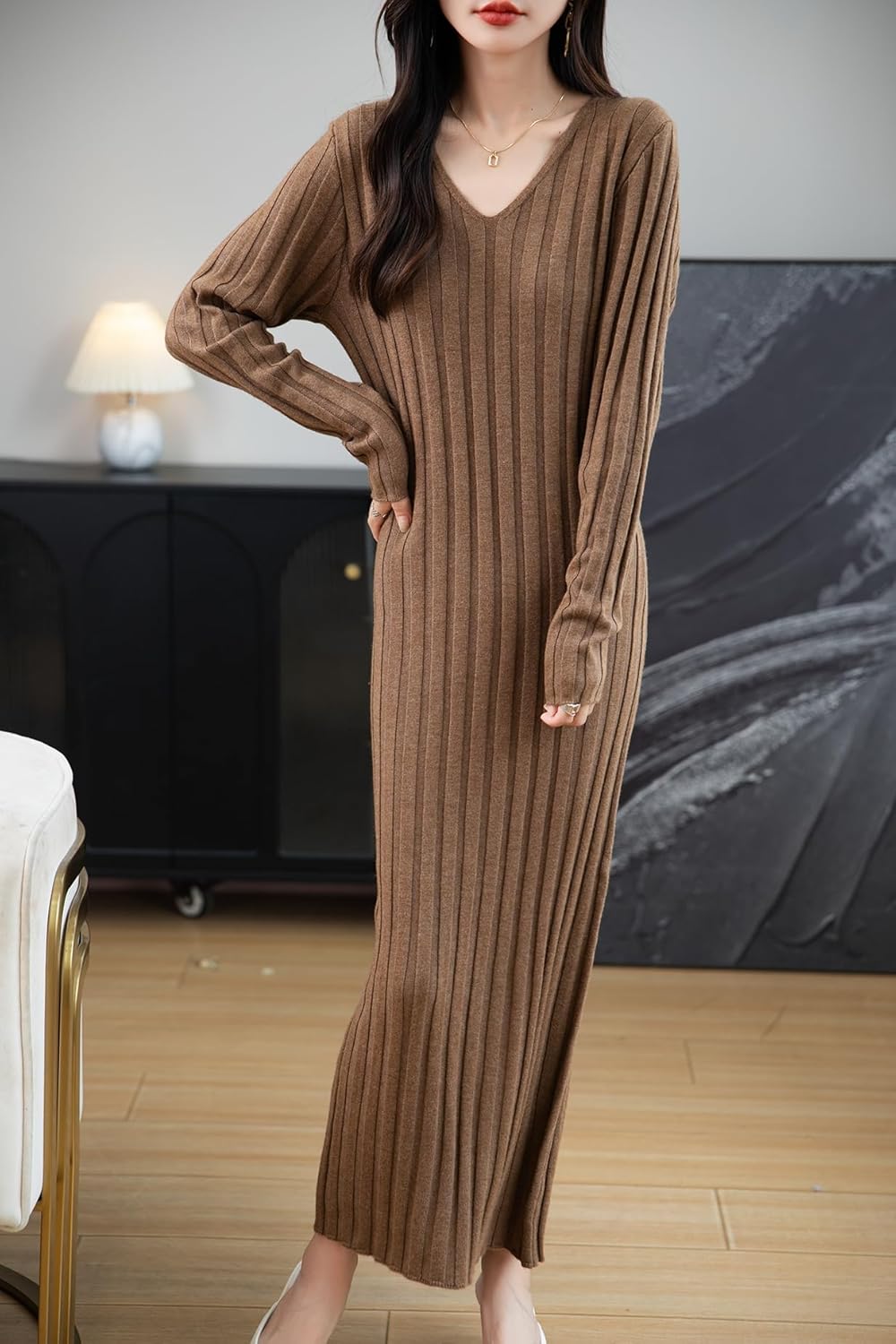 Women's Merino Wool Blend Sweater Dress 2025 Fall Winter V-Neck Long Sleeve Ribbed Cocktail Bodycon Knit Maxi Dress