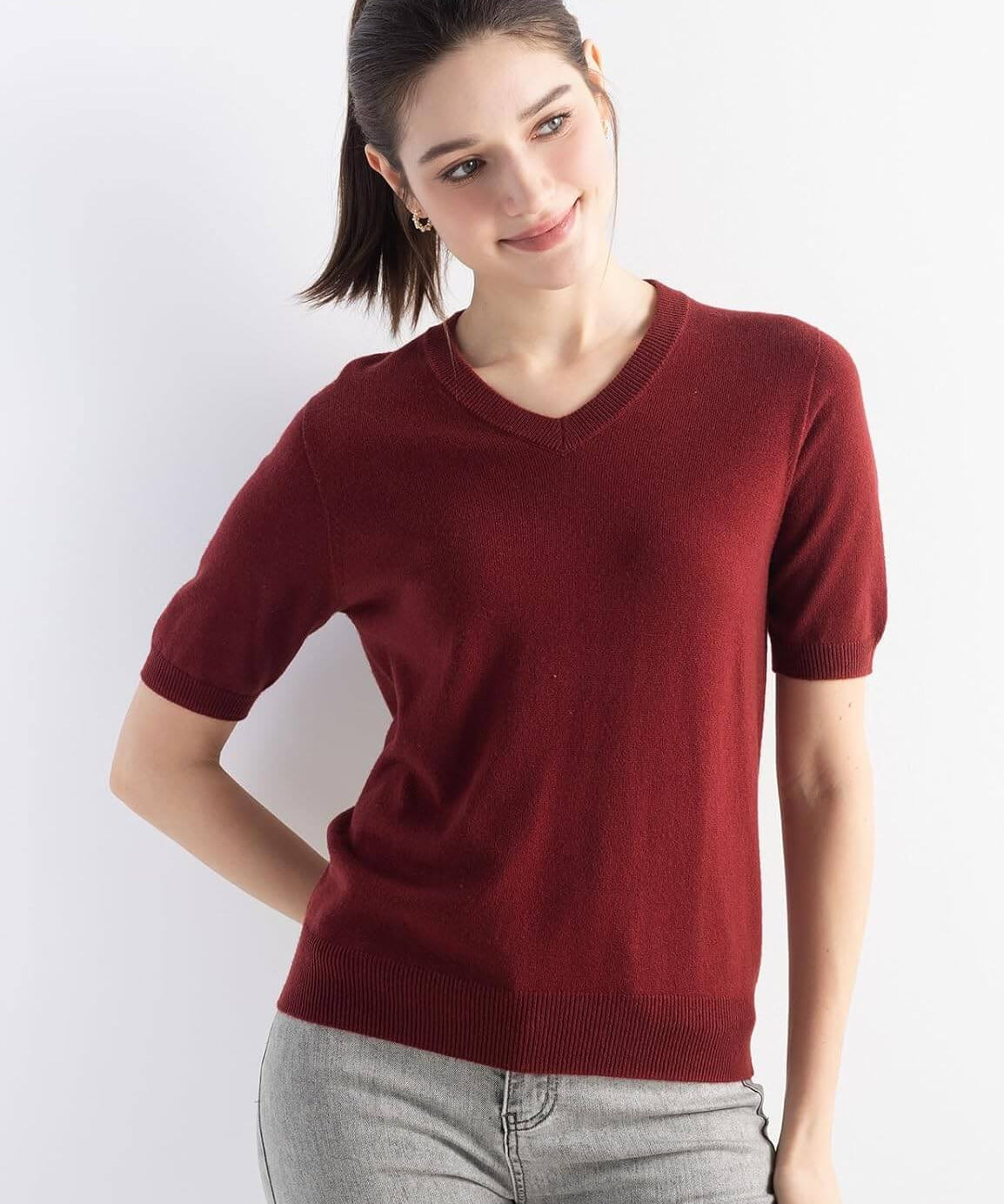 Merino Wool V-Neck Short Sleeve Seamless Knit Sweater