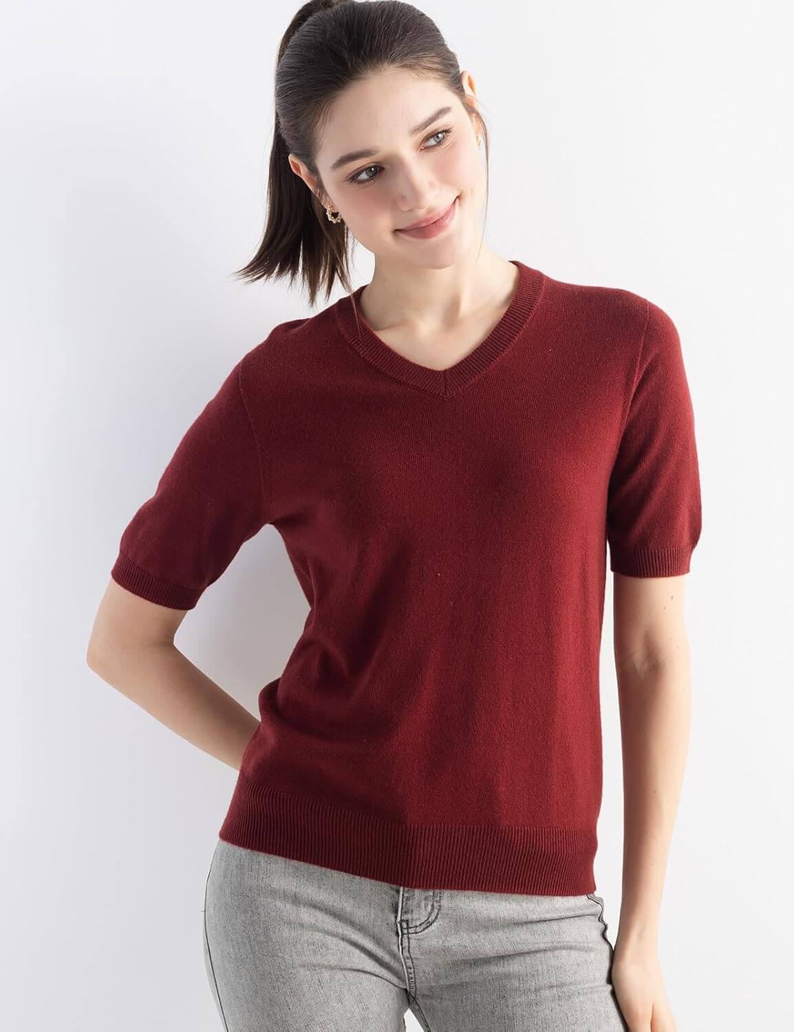 Merino Wool Blend V-Neck Short Sleeve Seamless Knit Sweater