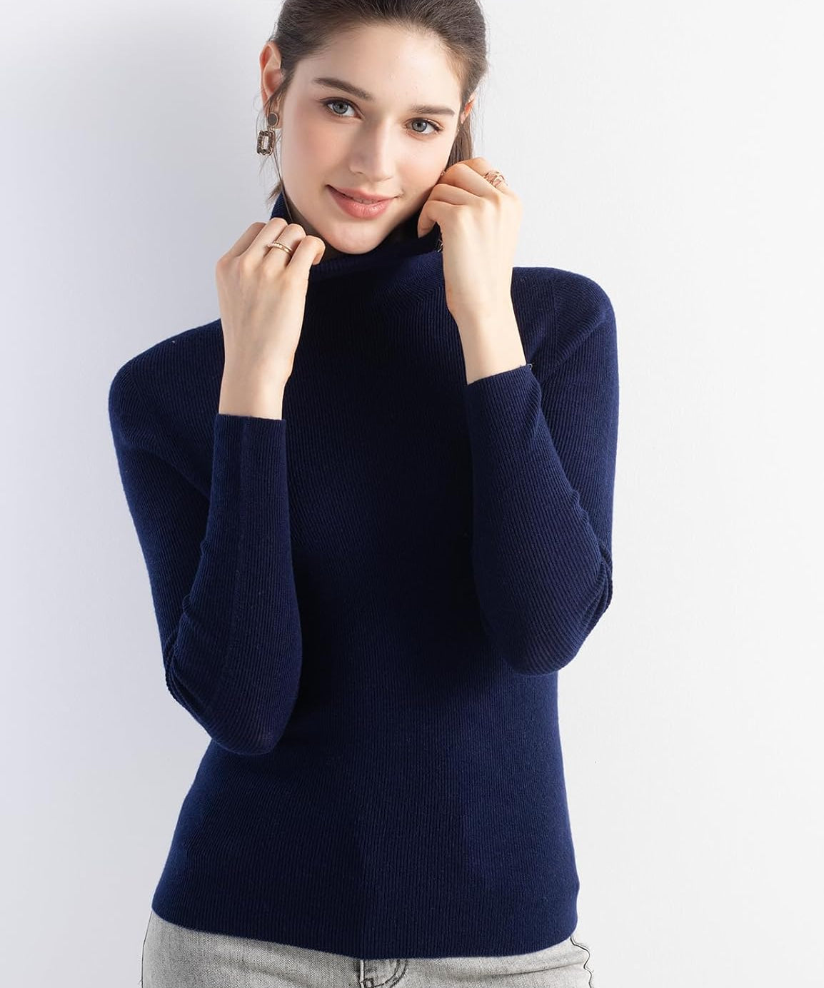 Merino Wool Blend Ribbed Turtleneck Slim Fit Sweater