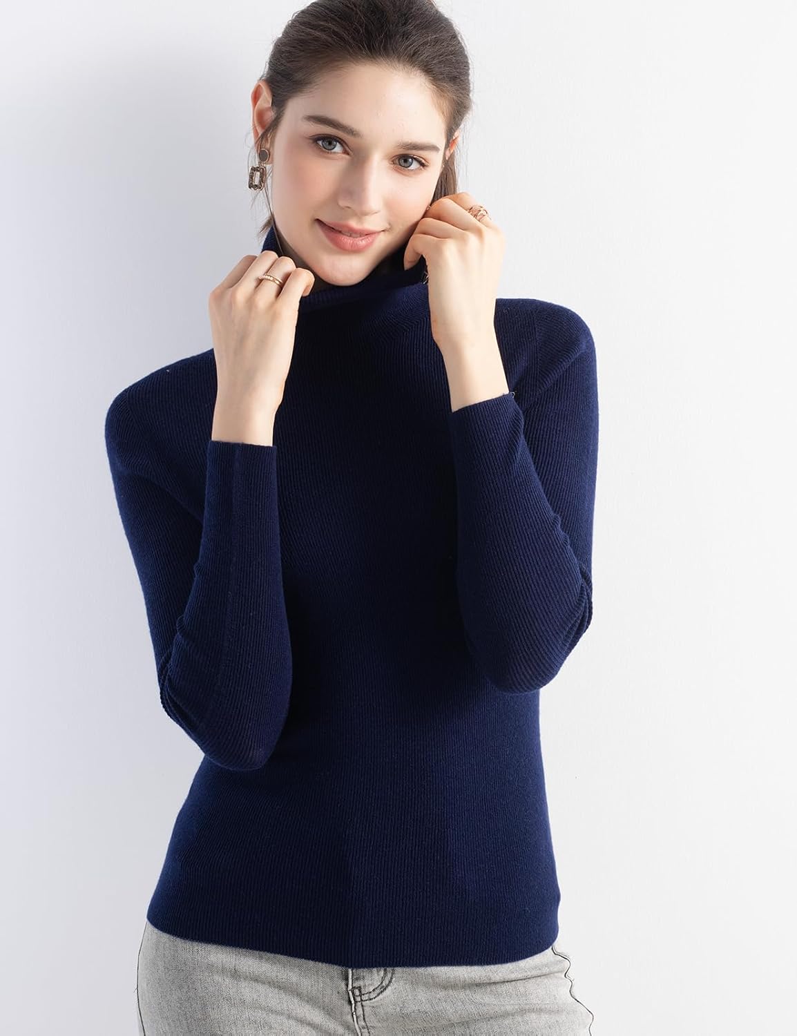 Women's Merino Wool Sweater Fall Winter Turtleneck Rib Long Sleeve First-Line Ready to Wear Seamless Knit Sweater
