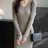 Women's Merino Wool Blend Sweater Dress Fashion 2025 Fall Winter Sexy V-Neck Slim Fit Long Sleeve Ribbed Knit Dress