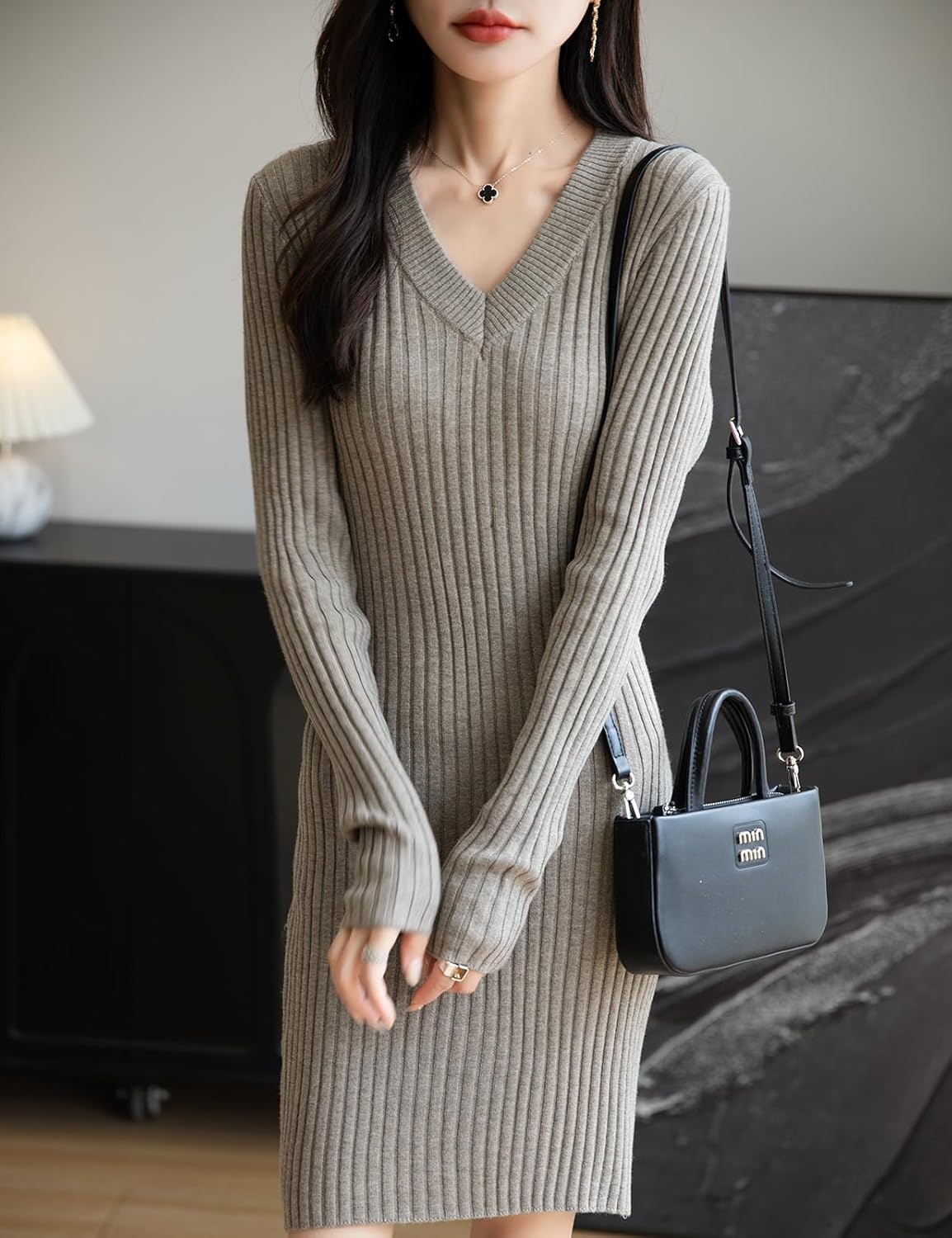 Women's Merino Wool Blend Sweater Dress Fashion 2025 Fall Winter Sexy V-Neck Slim Fit Long Sleeve Ribbed Knit Dress