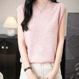 Women's 100% Merino Wool Spring Fall Winter First-Line Ready to Wear Mock Neck Seamless Knit Sleeveless Sweater Vest
