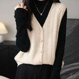 Women's 100% Merino Wool Sweater Vest 2025 Fall Winter V Neck Button Down Sleeveless Cable Knit Sweater Vest