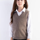 Girls 100% Merino Wool Sweater Vest V-Neck Sleevless 2025 Fall Winter Cable Tops Knitted Pullover Vest