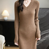 Women's Merino Wool Blend Sweater Dress Fashion 2025 Fall Winter Sexy V-Neck Slim Fit Long Sleeve Ribbed Knit Dress