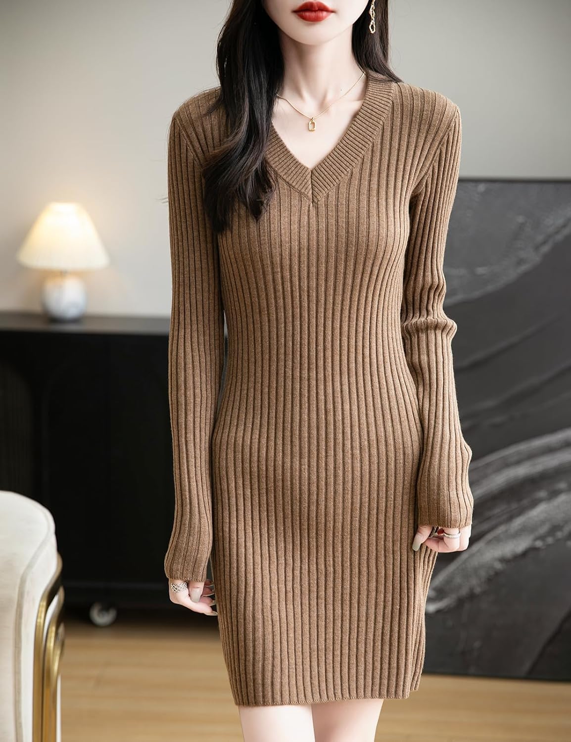Women's Merino Wool Blend Sweater Dress Fashion 2025 Fall Winter Sexy V-Neck Slim Fit Long Sleeve Ribbed Knit Dress