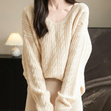 Chanyarn Women's V Neck 100% Merino Wool Oversized Sweater 2025 Fall Winter Vintage Cable Long Sleeve Knit Sweater