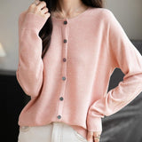 Women's Merino Wool Cardigan Crew Neck Fall Winter Long Sleeve First-Line Ready to Wear Seamless Knit Cardigan