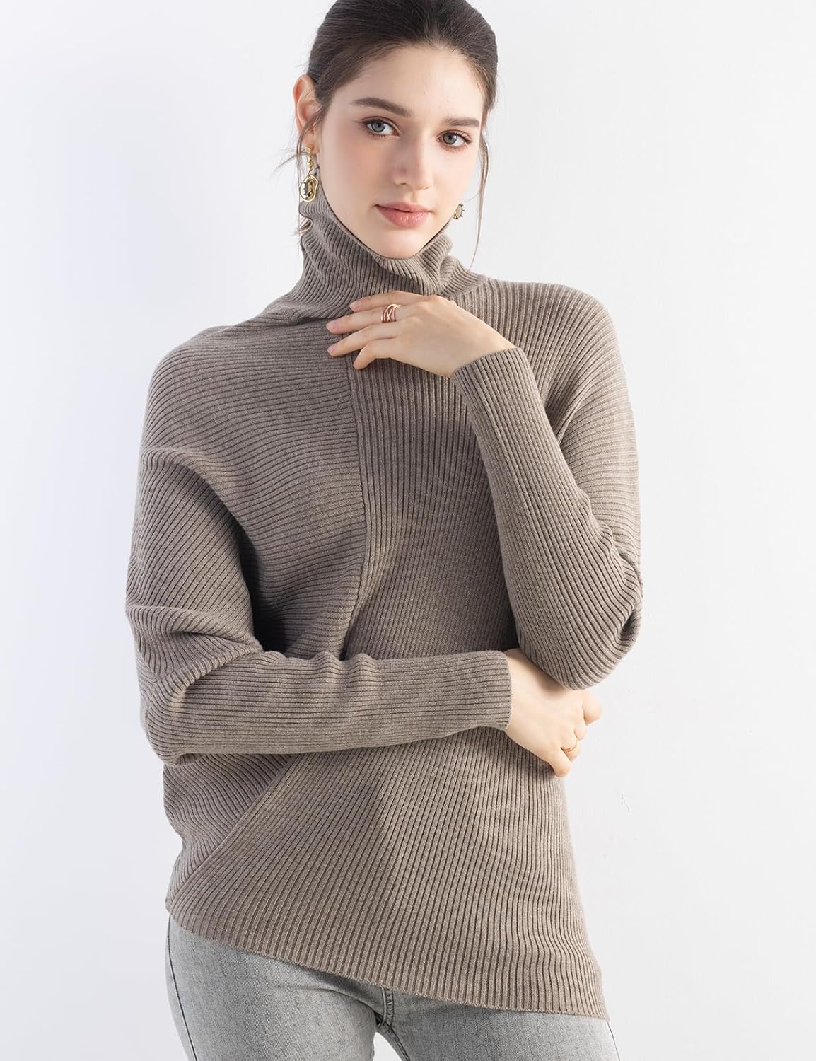 Women's Merino Wool Oversized Sweater 2025 Fall Winter Turtleneck Batwing Sleeve Loose Fit Knit Pullover Sweater