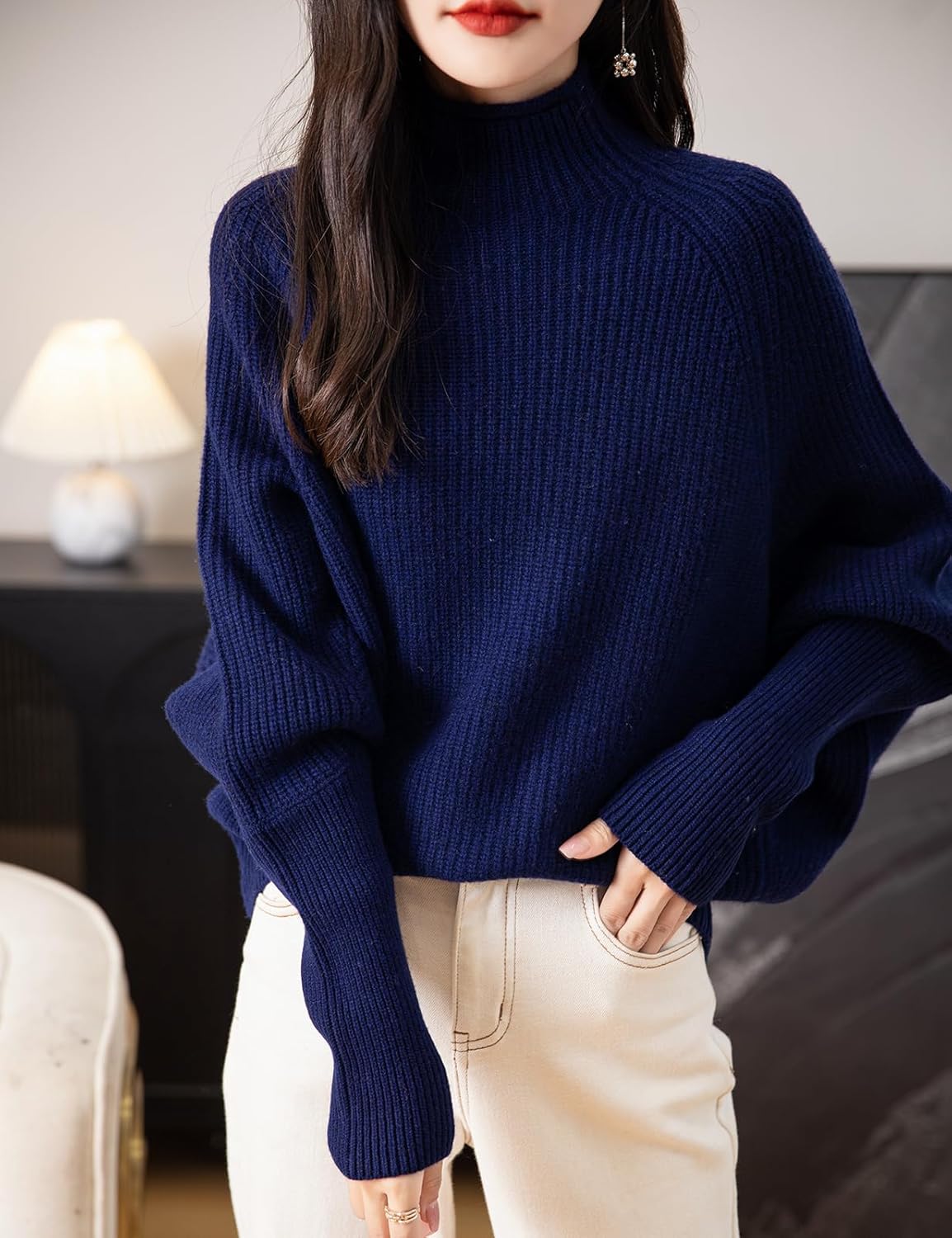 Chanyarn Women's 100% Merino Wool Sweater 2025 Fall Winter Mock Neck Oversized Long Batwing Sleeve Loose Knitted Sweater
