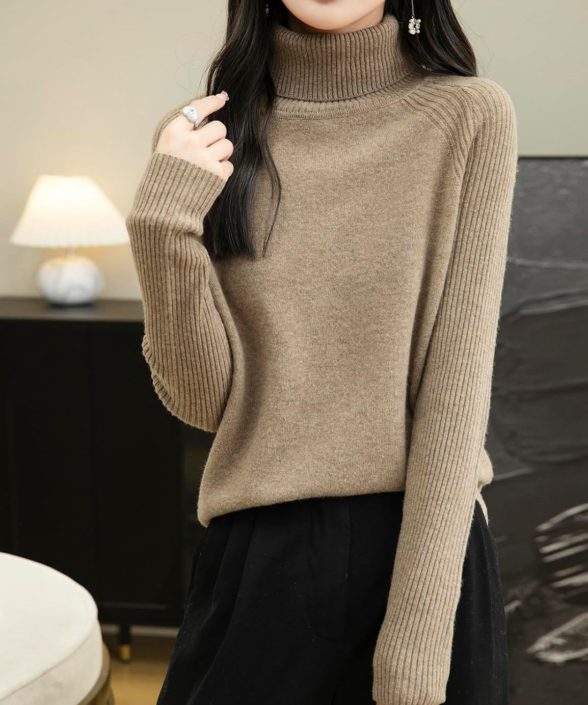 Women's 100% Merino Wool Raglan Turtleneck Sweater