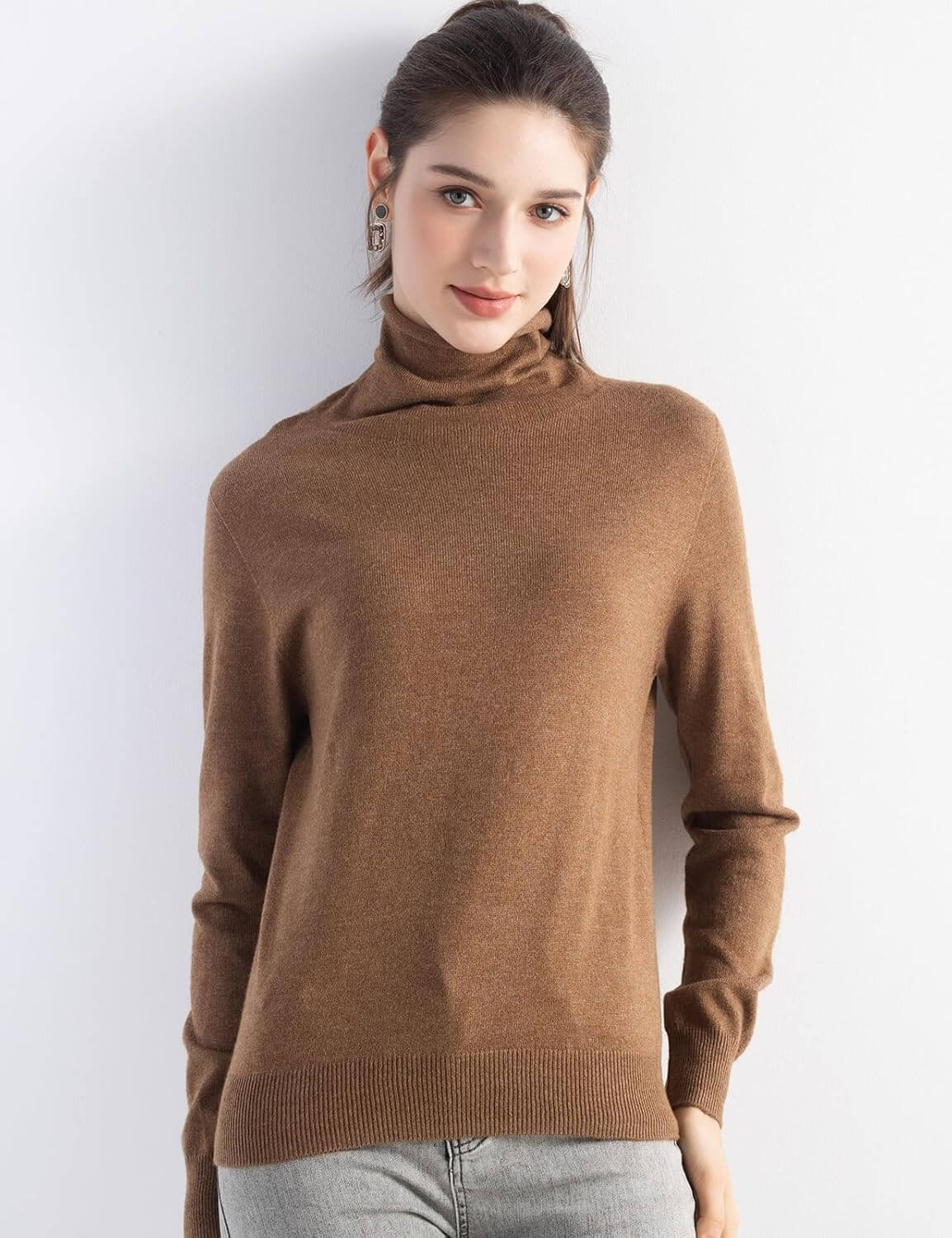 Merino Wool Blend Turtle Neck Seamless Knit Sweater