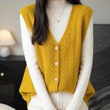 Women's 100% Merino Wool Sweater Vest 2025 Fall Winter V Neck Button Down Sleeveless Cable Knit Sweater Vest