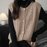 Women's 100% Merino Wool Sweater Vest 2025 Fall Winter Crew Neck Button Down Sleeveless Cable Knit Sweater Vest