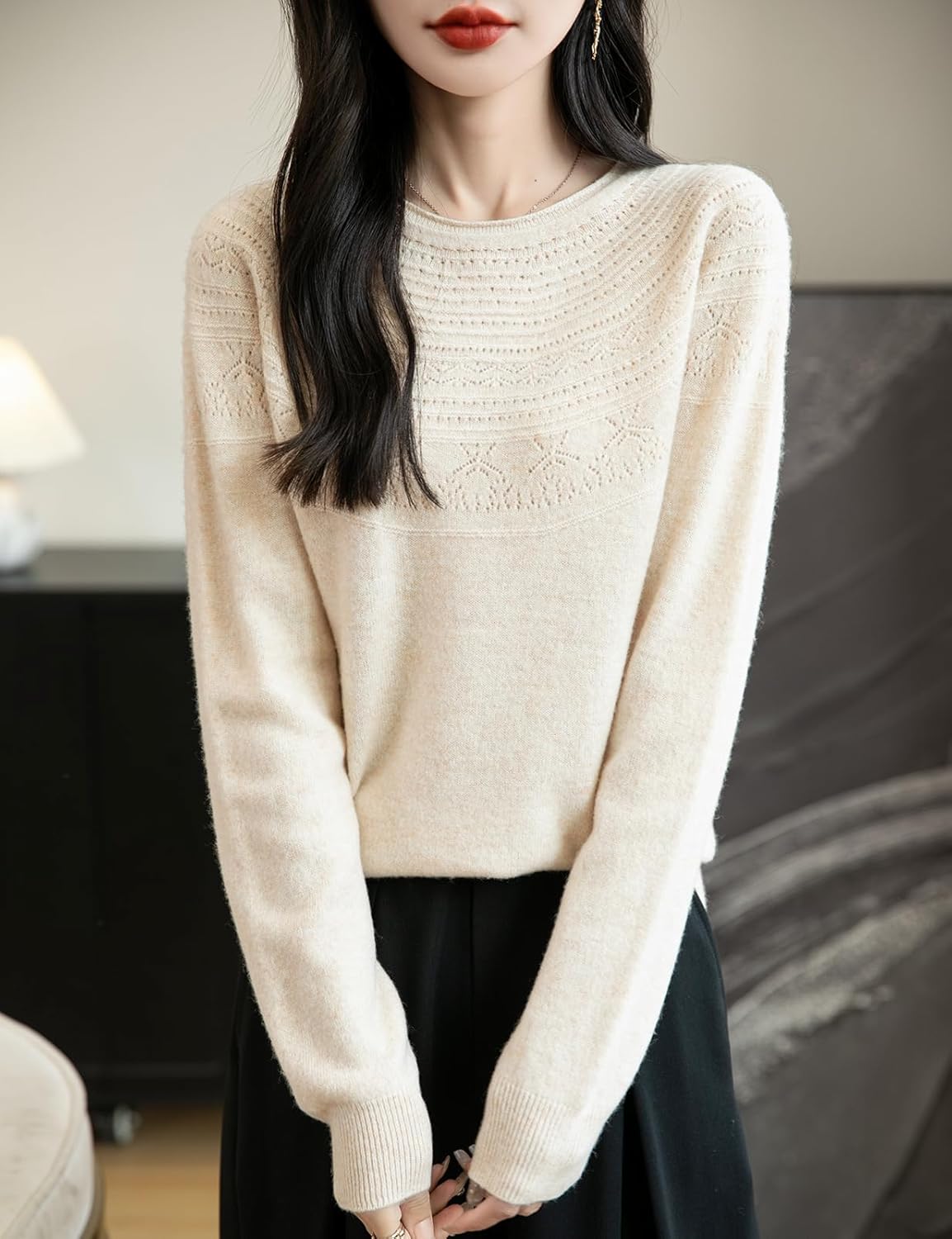 Women's 100% Merino Wool 2025 Fall Winter Crewneck First-Line Ready to Wear Long Sleeve Seamless Knit Sweater