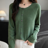 Women's Merino Wool Cardigan Crew Neck Fall Winter Long Sleeve First-Line Ready to Wear Seamless Knit Cardigan