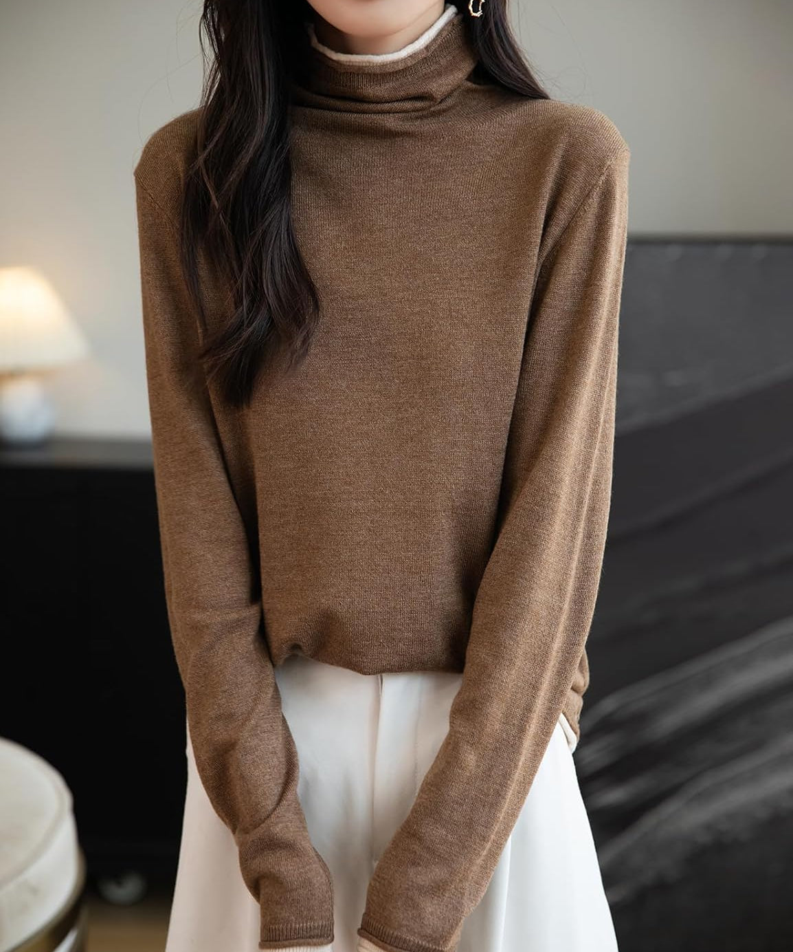 Merino Wool Blend Color Block Turtleneck Sweater