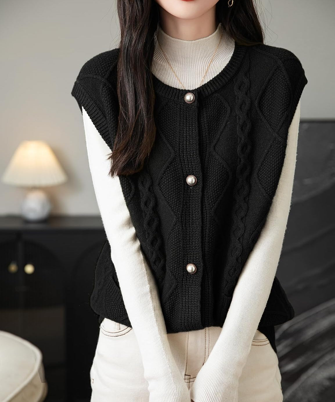100% Merino Wool Crewneck Button Cable Knit Sweater Vest