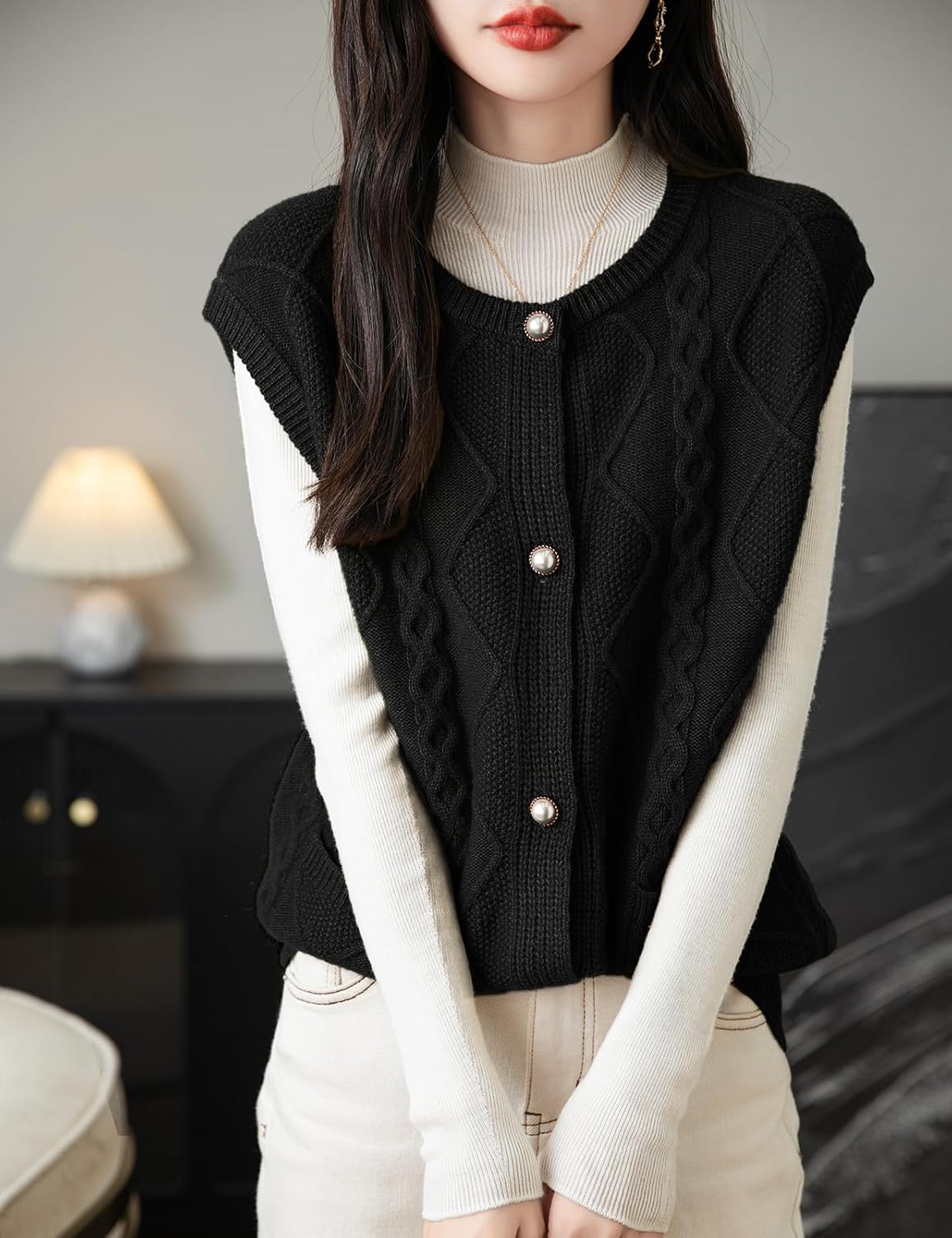 Frauen 100% Merino Wollpullover Weste 2025 Herbst Winter Crew Halsknopf ärmellose Kabelstrickpullover Weste