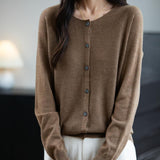 Women's Merino Wool Cardigan Crew Neck Fall Winter Long Sleeve First-Line Ready to Wear Seamless Knit Cardigan