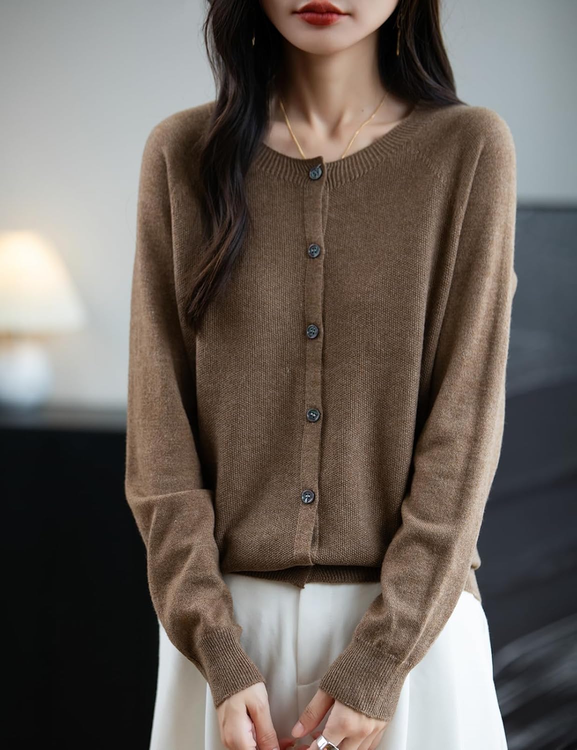 Women's Merino Wool Cardigan Crew Neck Fall Winter Long Sleeve First-Line Ready to Wear Seamless Knit Cardigan