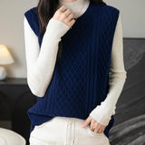 Women's 100% Merino Wool Sweater Vest 2025 Fall Winter Vintage Cable Crew Neck Sleeveless Knit Sweater Vest