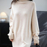 Women's Merino Wool Blend Oversized Sweater Dress 2025 Fall Winter Turtleneck Long Sleeve Knit Knee-Length Dress