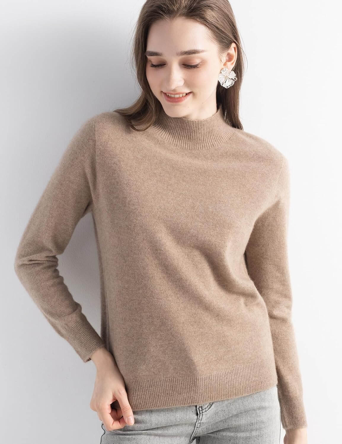 Women's 100% Pure Cashmere Sweater Mock Neck Long Sleeve Warm Leisure 2025 Fall Winter Knit Pullover