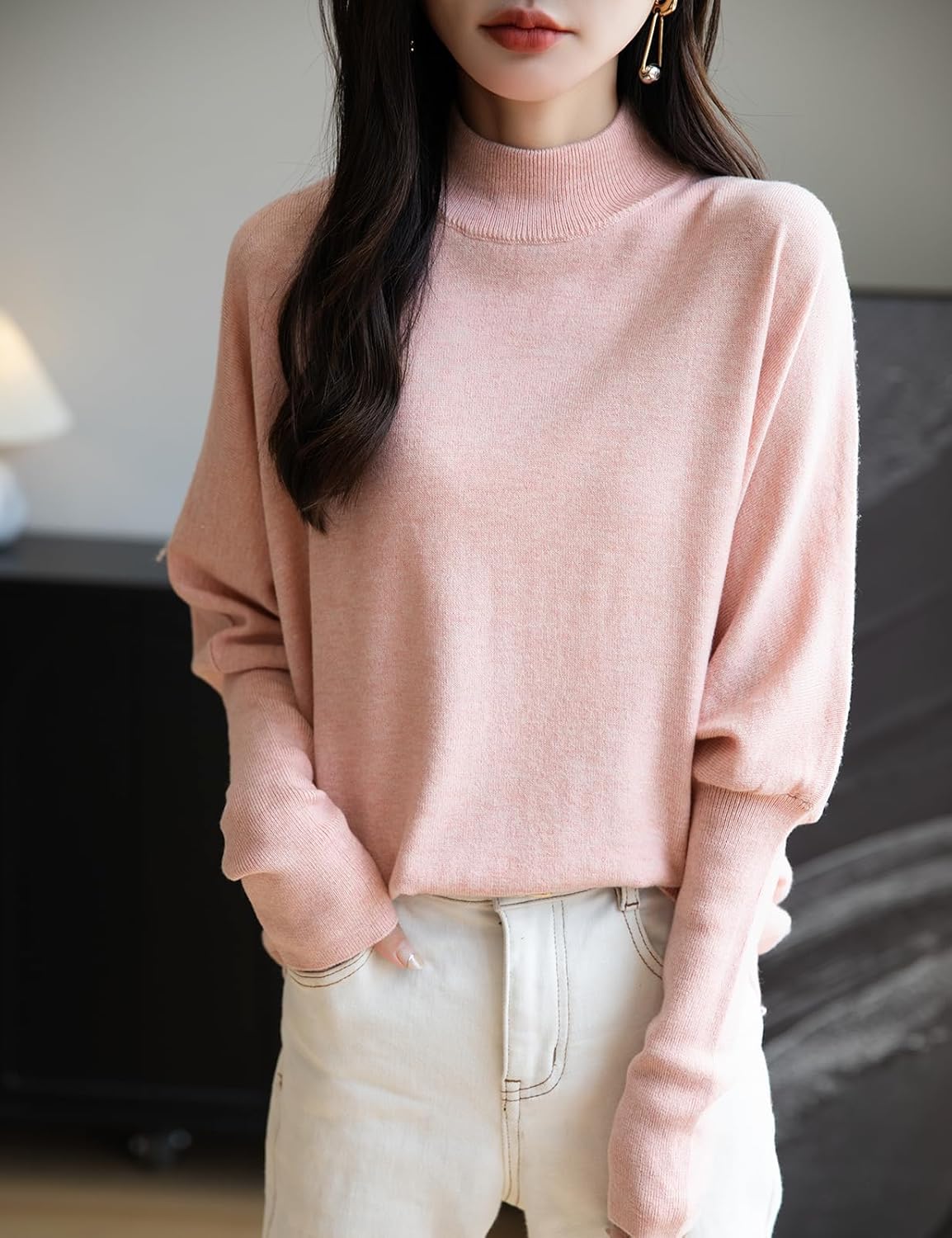 Women's Merino Wool Blend Oversized Sweater 2025 Fall Winter Fashion Mock Neck Batwing Sleeve Knit Pullover Sweater