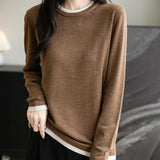 Women's Merino Wool Sweater 2025 Fall Winter Fake Two Piece Color Block Shirt Crewneck Long Sleeve Knit Pullover Top