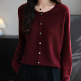 Women's Merino Wool Cardigan Crew Neck Fall Winter Long Sleeve First-Line Ready to Wear Seamless Knit Cardigan