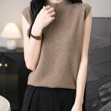 Women's 100% Merino Wool Spring Fall Winter First-Line Ready to Wear Mock Neck Seamless Knit Sleeveless Sweater Vest