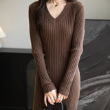 Women's Merino Wool Blend Sweater Dress Fashion 2025 Fall Winter Sexy V-Neck Slim Fit Long Sleeve Ribbed Knit Dress