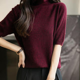 Women's Turtleneck 100% Merino Wool Spring Fall Winter First-Line Ready to Wear Seamless Knit Short Sleeve Sweater