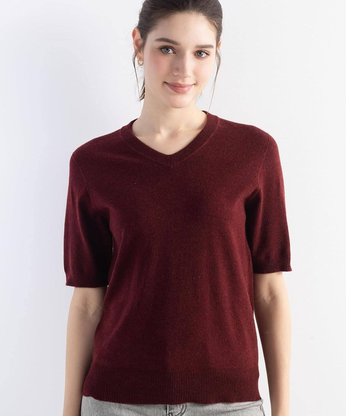 Merino Wool V-Neck Short Sleeve Seamless Knit Sweater
