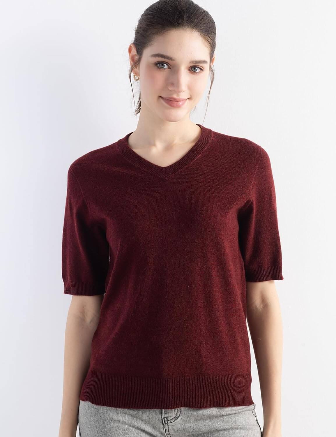 Merino Wool Blend V-Neck Short Sleeve Seamless Knit Sweater