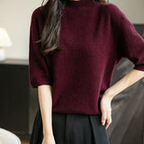 Women's 100% Merino Wool Spring Fall Winter First-Line Ready to Wear Seamless Knit Short Sleeve Mock Neck Sweater