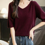 Women's V-Neck 100% Merino Wool Spring Fall Winter First-Line Ready to Wear Seamless Knit Shirt Short Sleeve Sweater