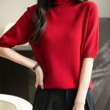 Women's Turtleneck 100% Merino Wool Spring Fall Winter First-Line Ready to Wear Seamless Knit Short Sleeve Sweater