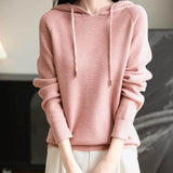 Women's Merino Wool Hoodies 2025 Fall Winter Casual Crewneck Sweatshirt Long Sleeve Knitted Sweater with Drawstring