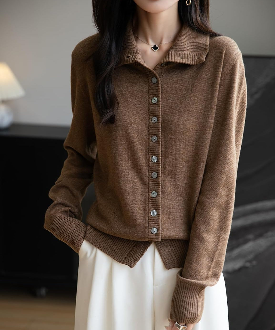 Merino Wool Blend Mock Neck Buttoned Knit Cardigan