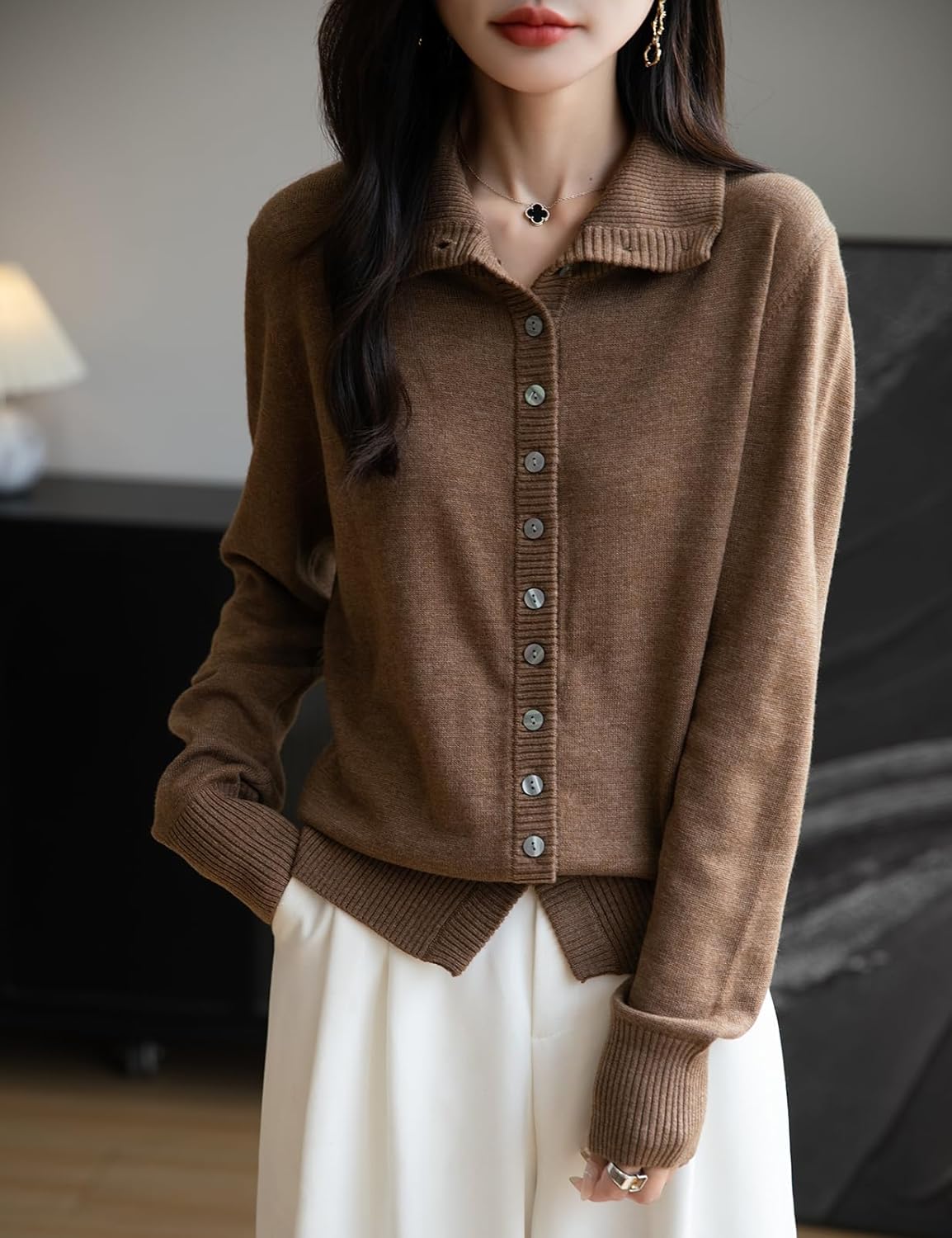 Women's Merino Wool Blend Cardigan 2025 Fall Winter Casual Mock Neck Long Sleeve Knit Cardigan with Buttons